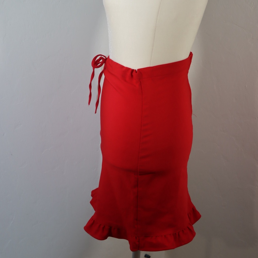 Red Ruched Trumpet Midi Skirt